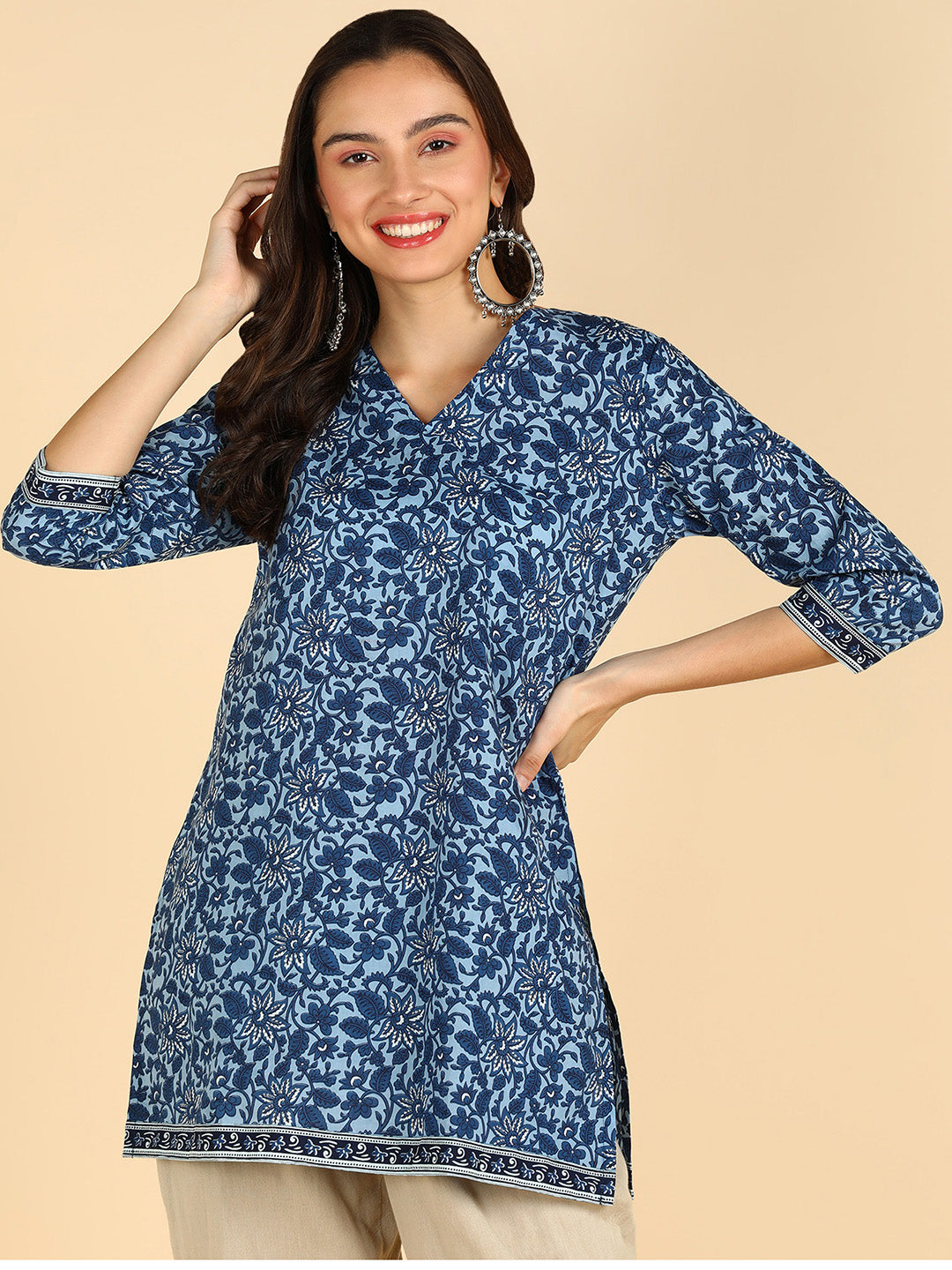 Indigo Floral Printed Blue Straight Kurti With Border Details