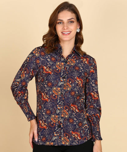 Ethnic Motifs Printed Shirt With Smocked Sleeve - Znxclothing
