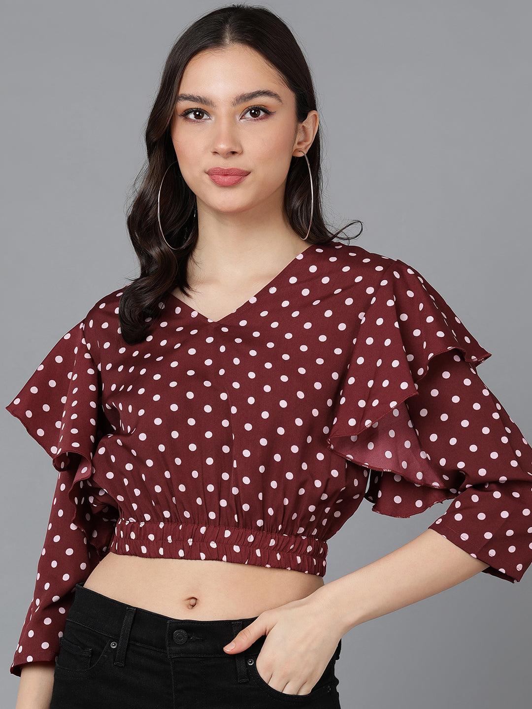 Maroon Polka-Dot Top with Double Sleeve - Znxclothing