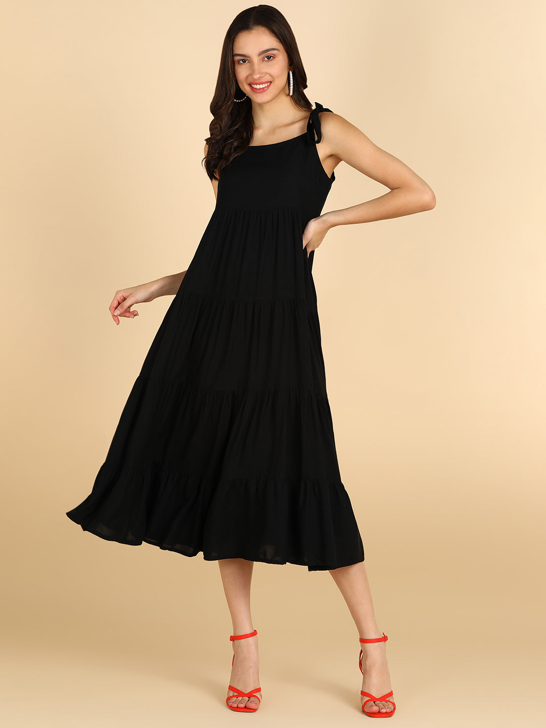 Solid Black Trierd Dress With Muti Way Tie Solder Stripes