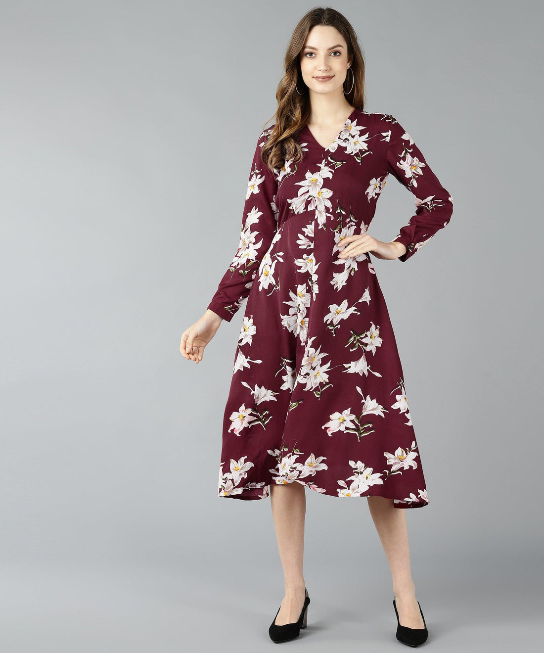 Znx Women Floral Printed Maroon Dress - Znxclothing
