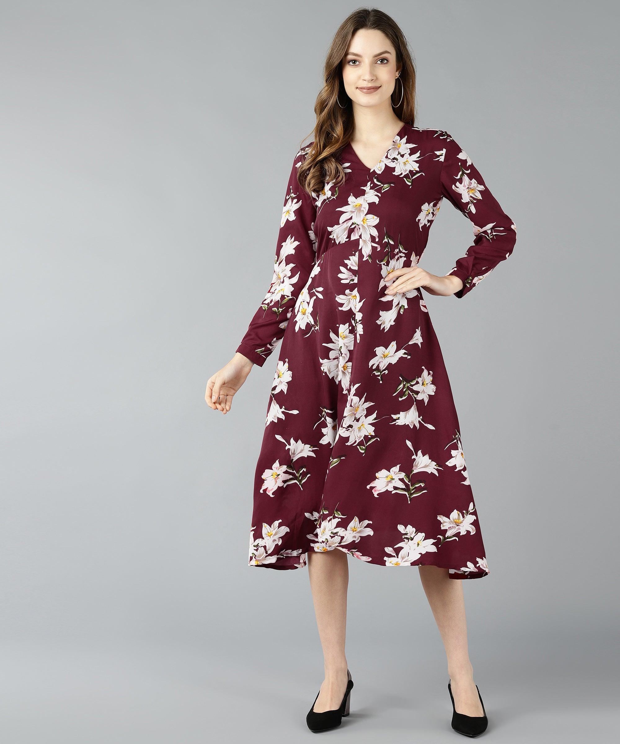Znx Women Floral Printed Maroon Dress - Znxclothing