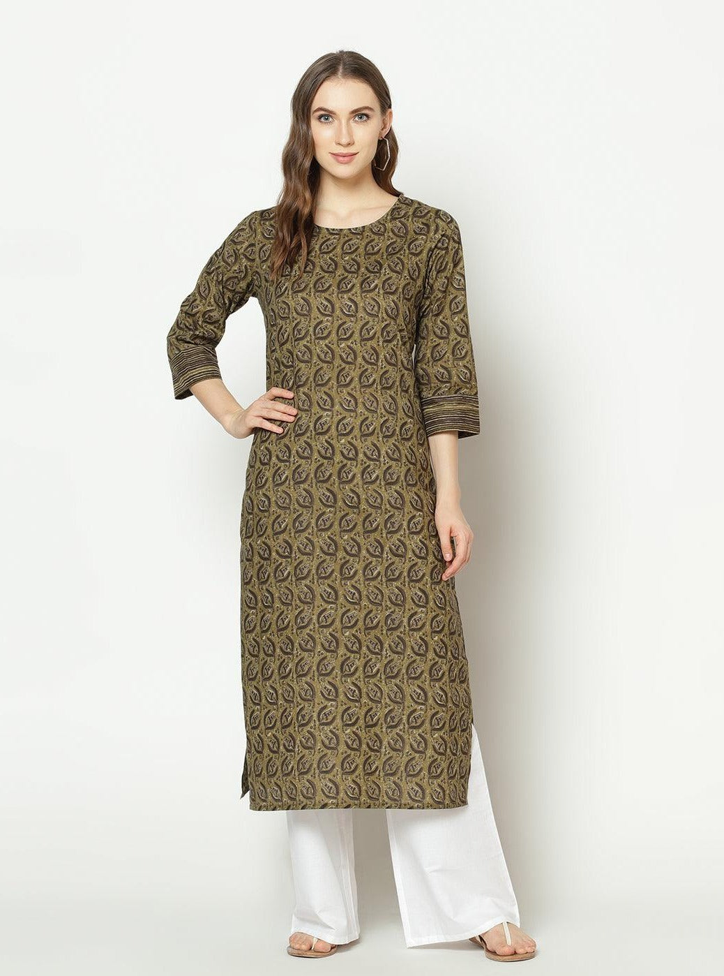 Znx Women Olive Green Floral Printed Straight Kurta - Znxclothing