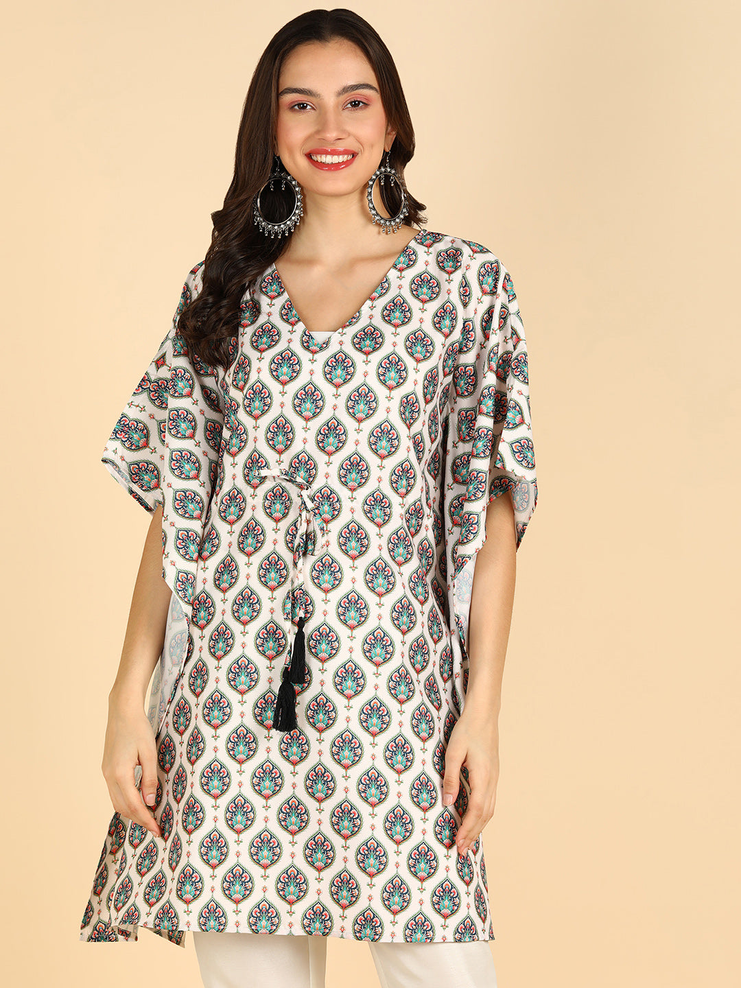 Floral Printed Off White Kafthan Kurta With Tassel Details
