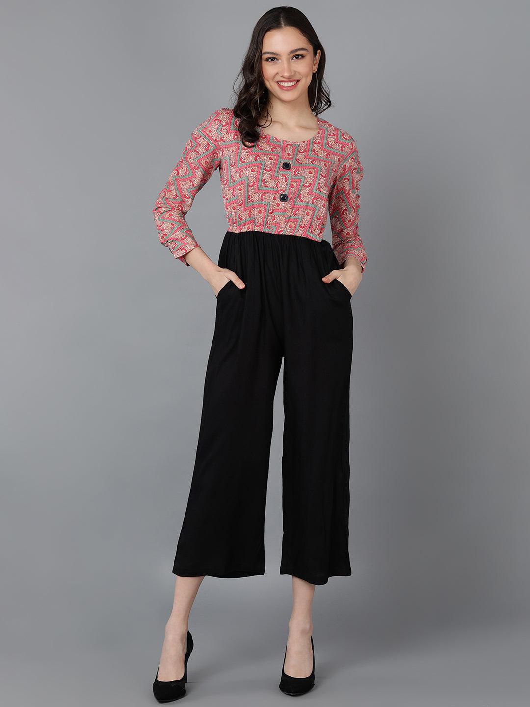 Pink Printed Jumpsuit With Smocked Sleeve - Znxclothing