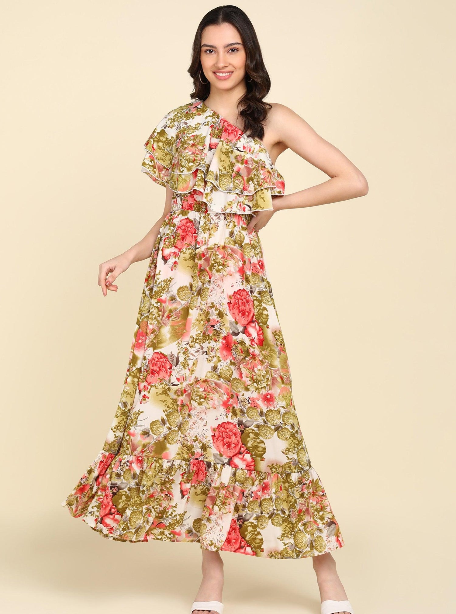 Green &amp; Red Floral Printed Frill Dress - Znxclothing