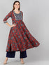 Floral Printed Maroon Flared Kurta With Lace Detail - Znxclothing