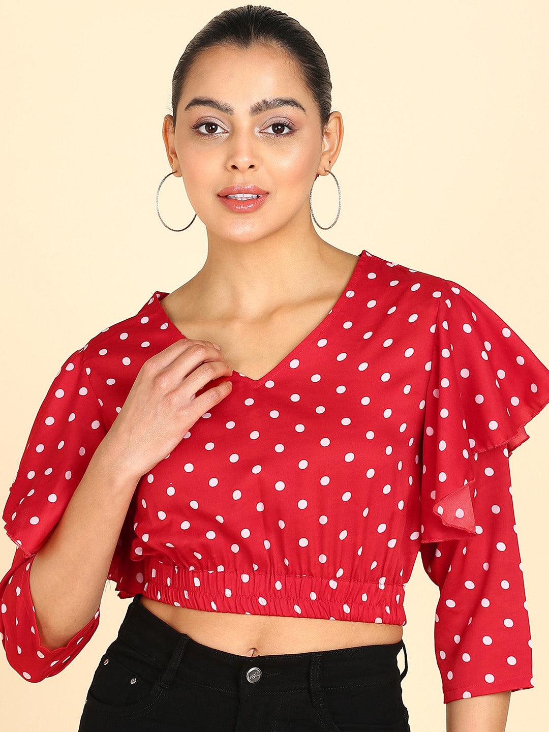 Polka Dots Printed Red Blouson Crop Top - Znxclothing