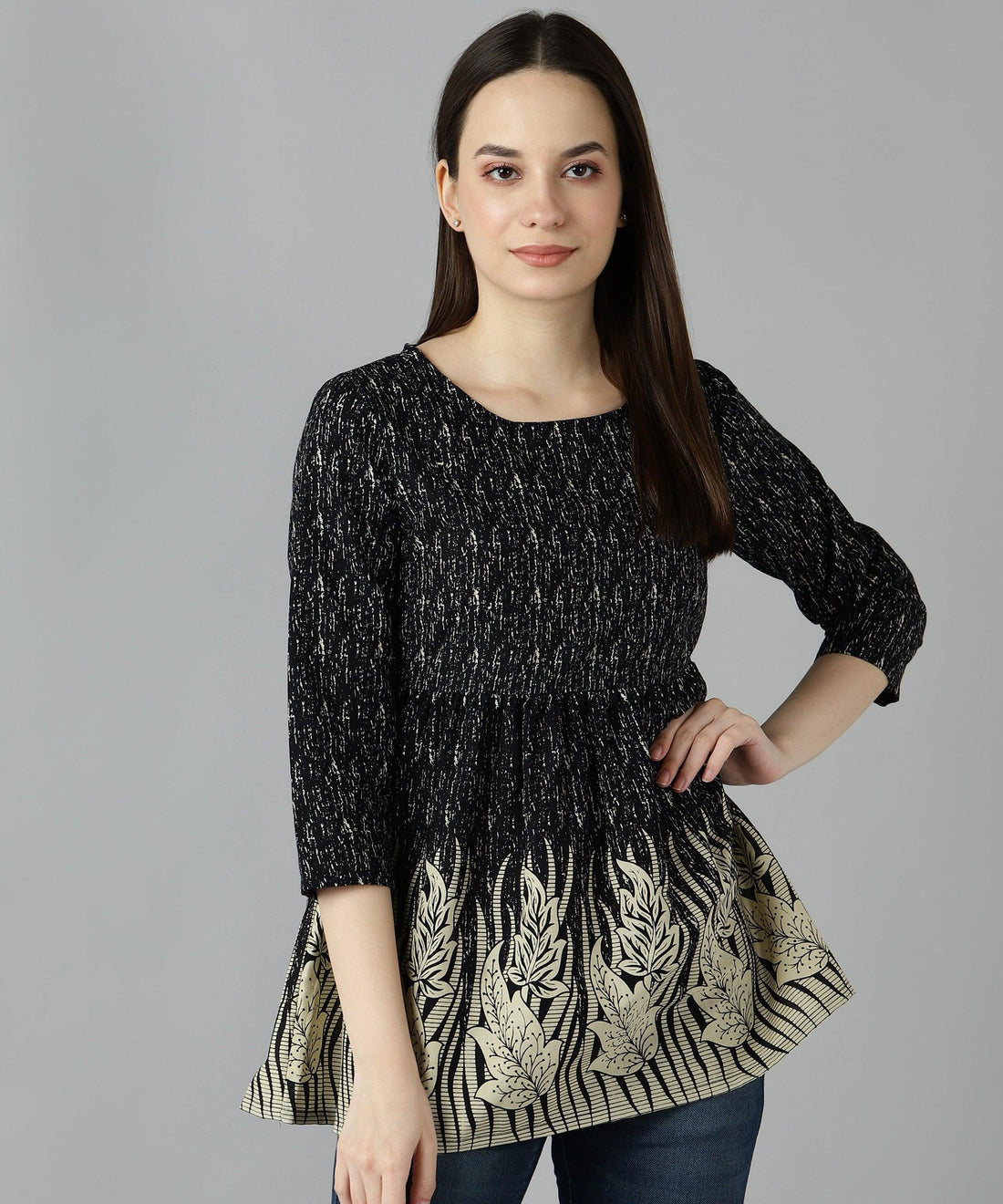 Znx Women Leaf Border Printed Black Top - Znxclothing