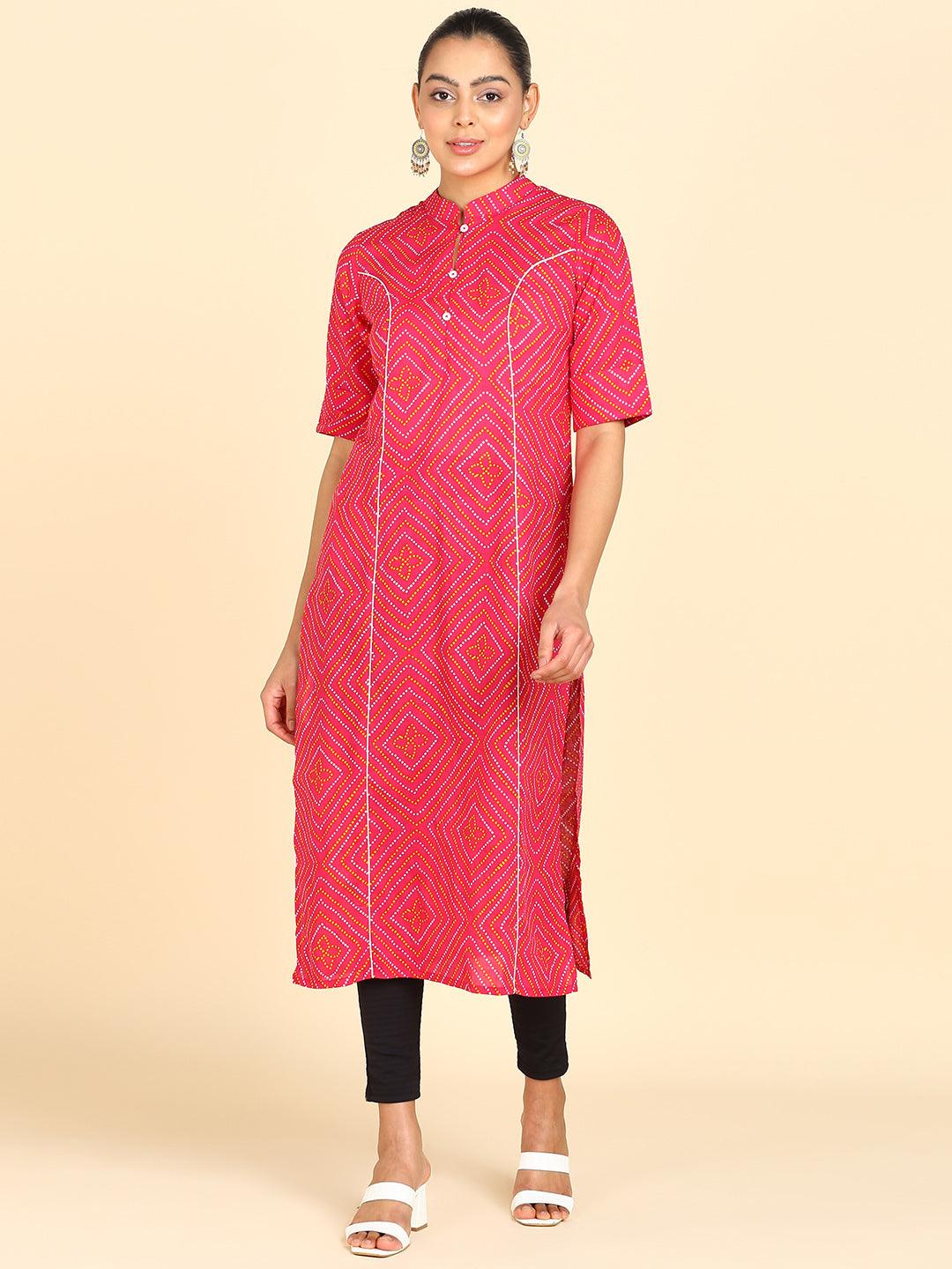 Pink Bandhani Printed Princess Cut Straight Kurta - Znxclothing
