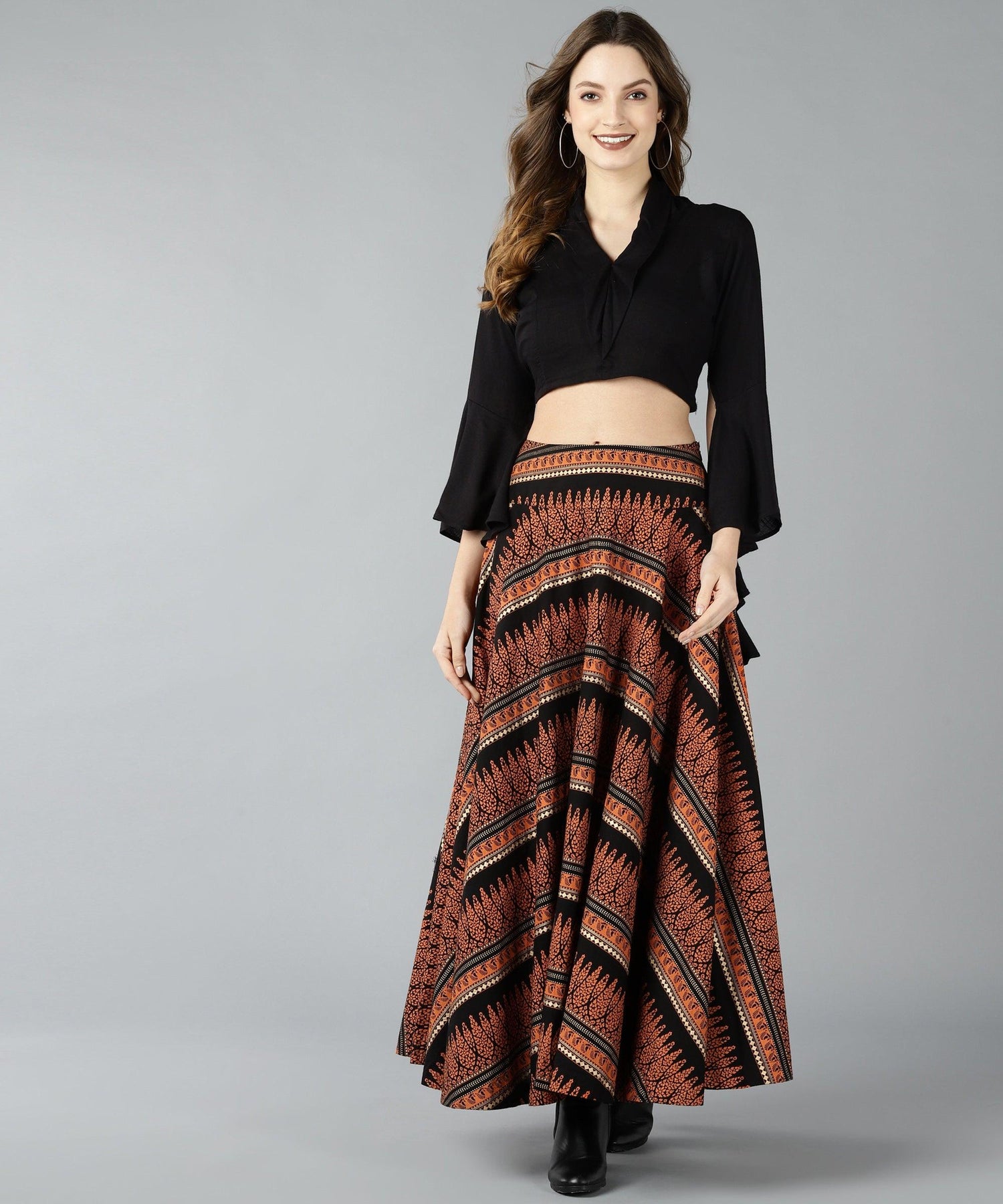 Znx Women Black Floral Printed Flared Crop top with skirt - Znxclothing