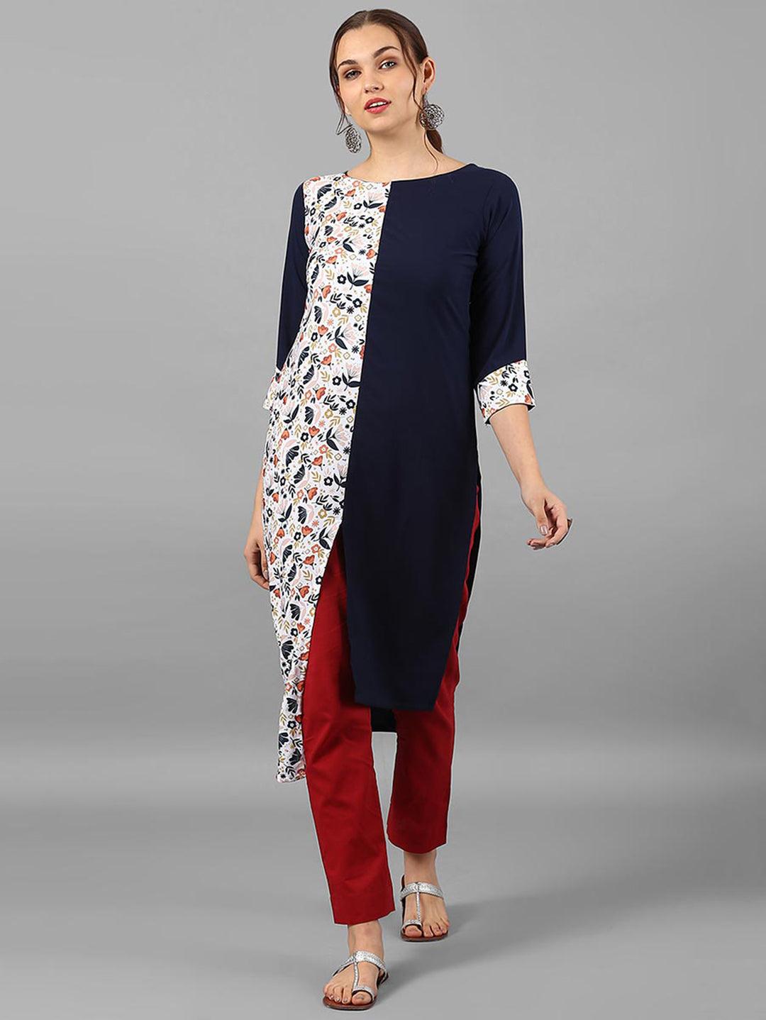 Navy Blue Floral Print Crepe Straight Kurti - Znxclothing