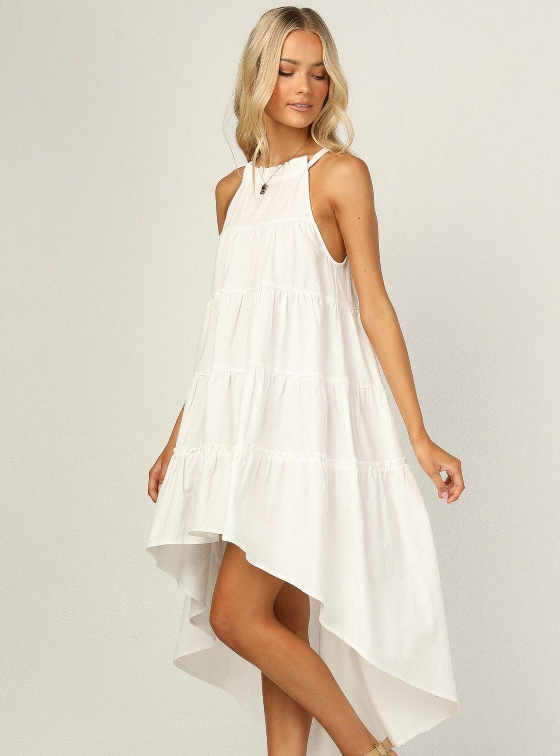 Znx Women Solid White Tiered Dress - Znxclothing