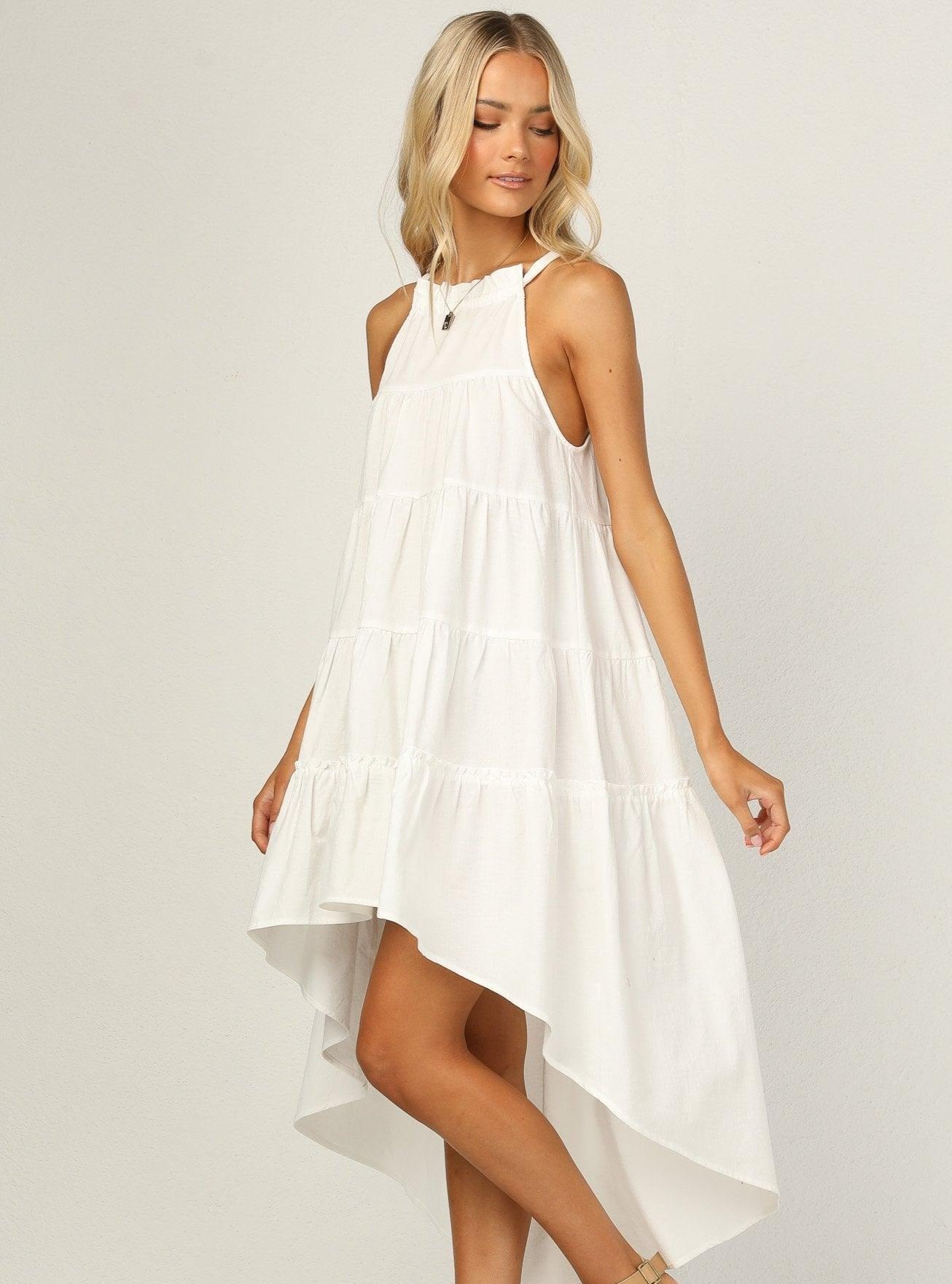 Znx Women Solid White Tiered Dress - Znxclothing
