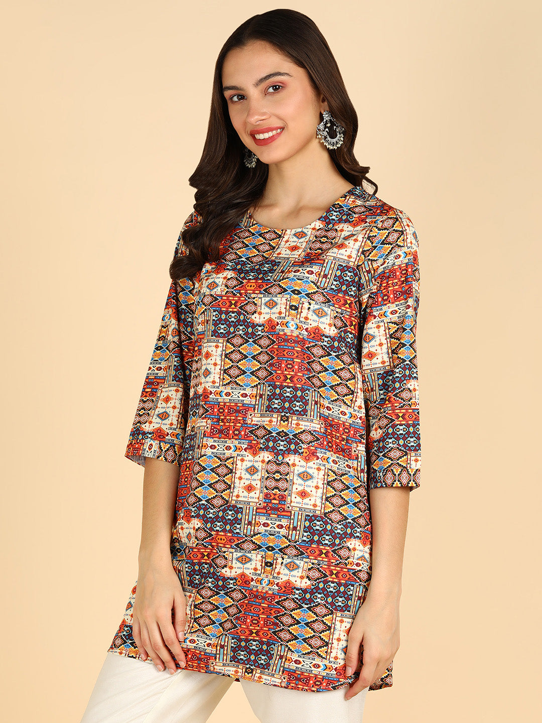 Geometric Printed Cream Straight Kurti
