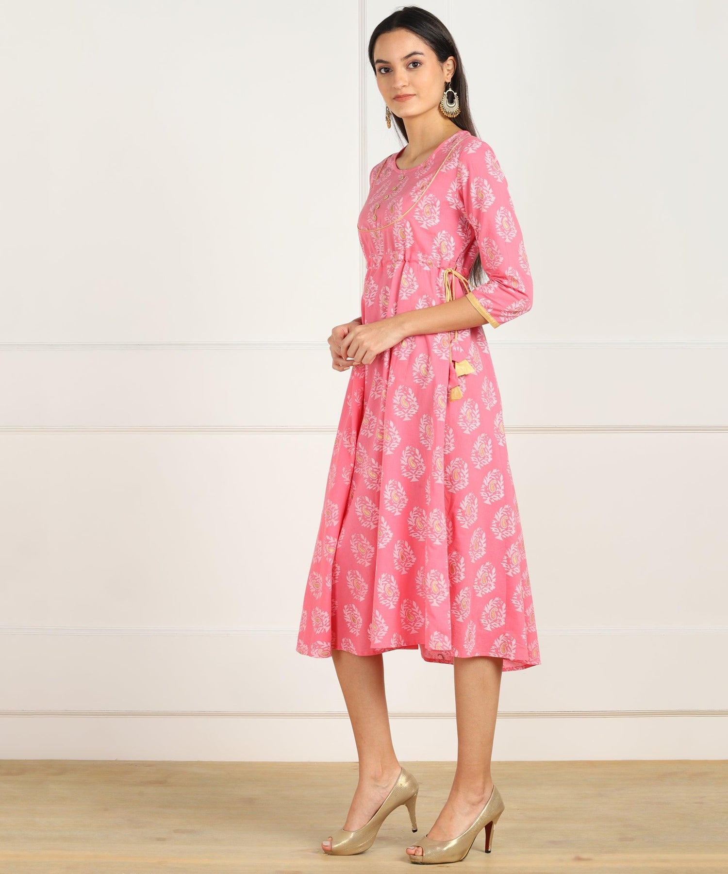 Znx Pink Gold Floral Printed Flared Dress - Znxclothing