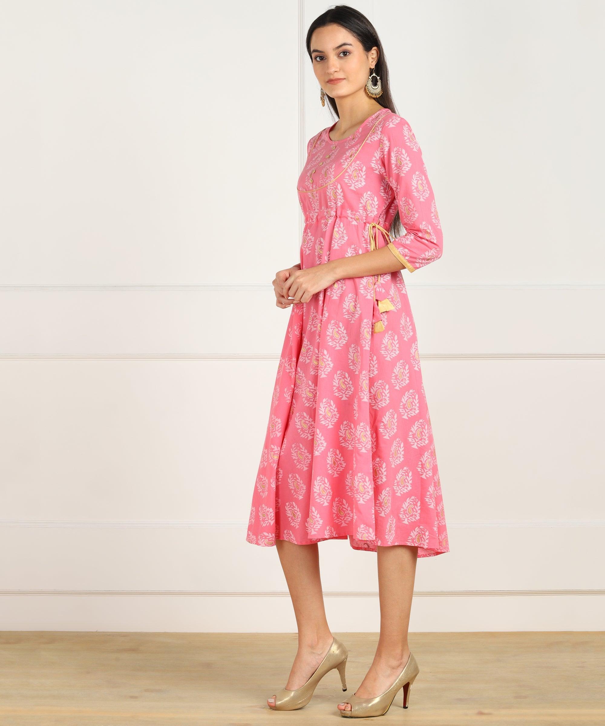 Znx Pink Gold Floral Printed Flared Dress - Znxclothing
