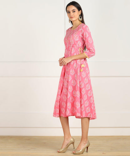 Znx Pink Gold Floral Printed Flared Dress - Znxclothing