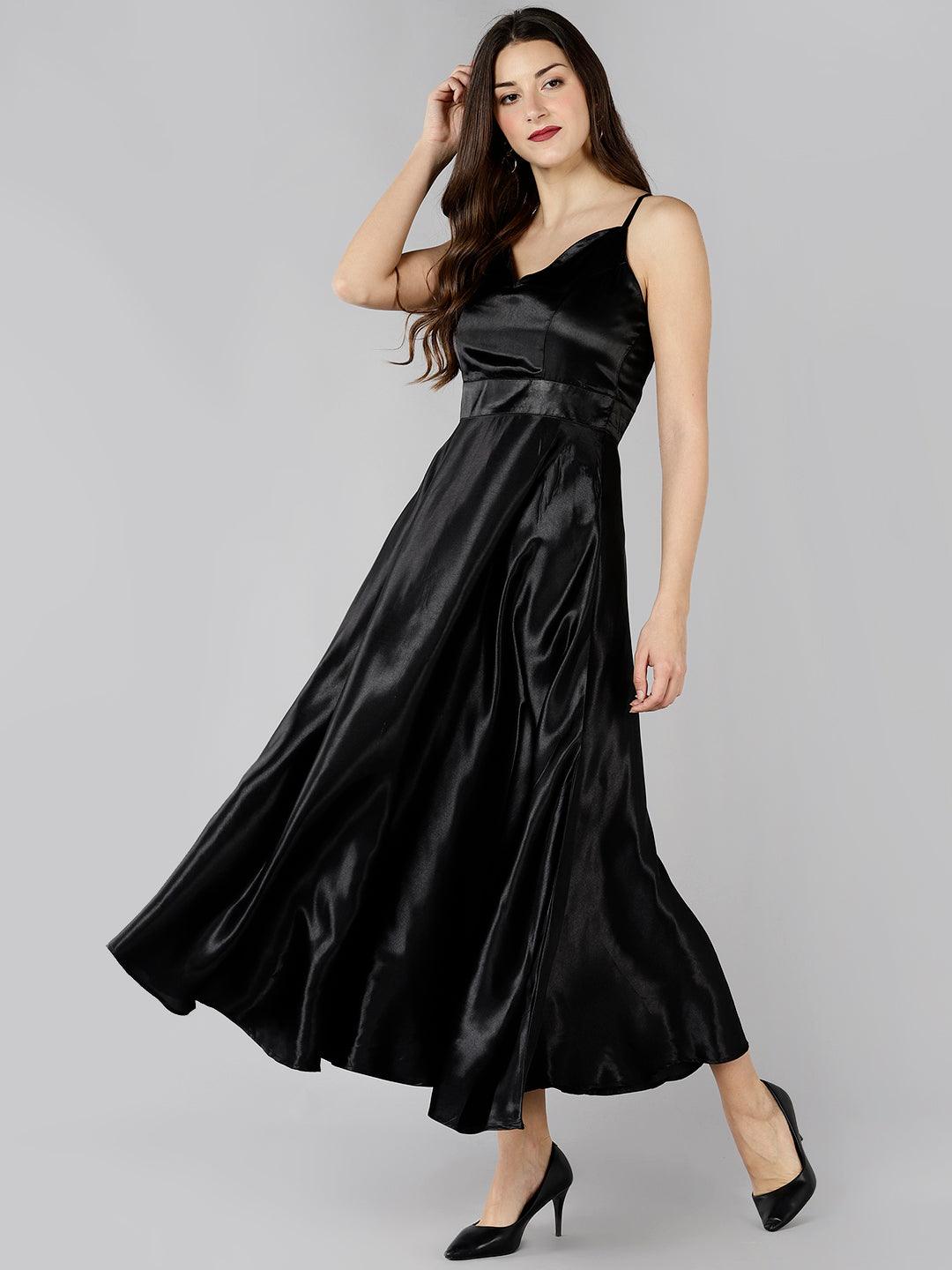 Znx Women Black Satin Designer Long Dress - Znxclothing