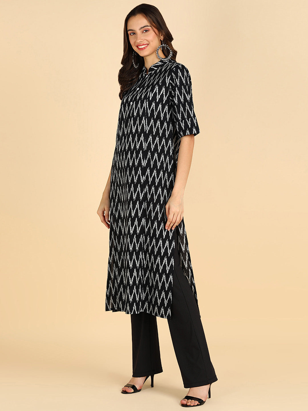 Zig-Zag Printed Black Princes Cut Kurta