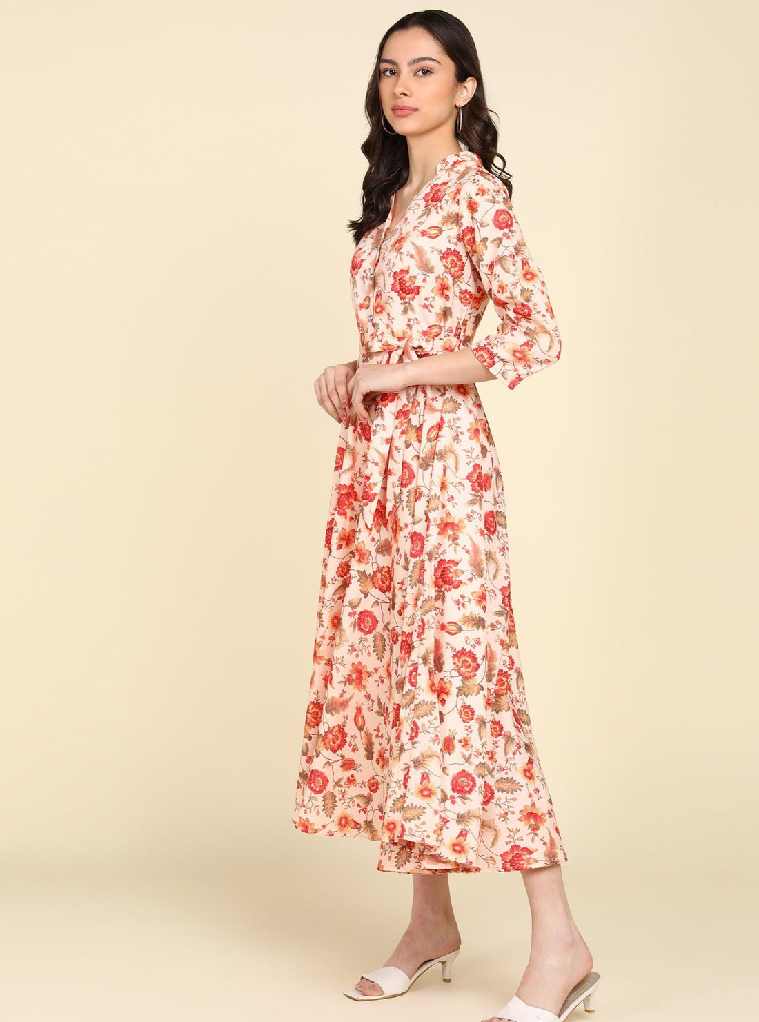 Red Floral Printed Beige Flared Dress - Znxclothing