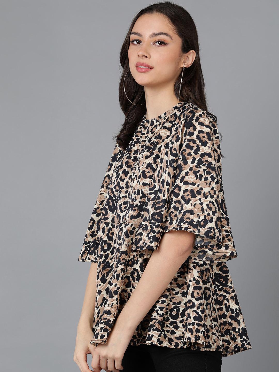 Beige Animal Printed Top With Flared Sleeve - Znxclothing