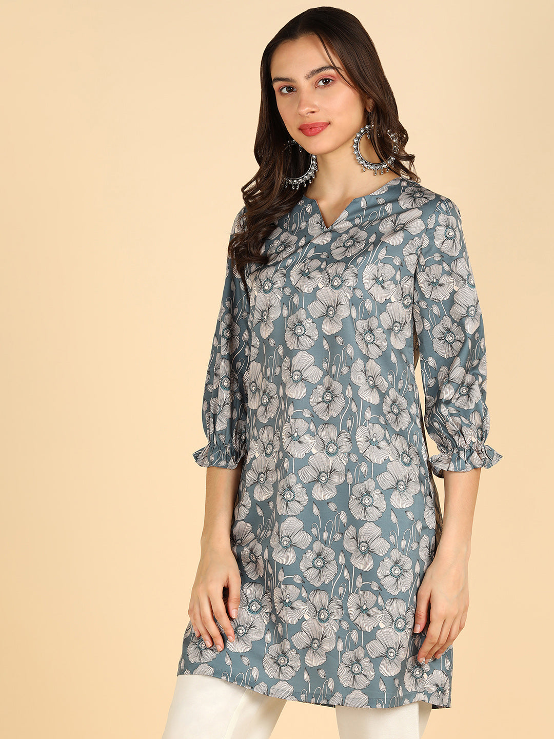 White Floral Printed Grey Straight Kurti