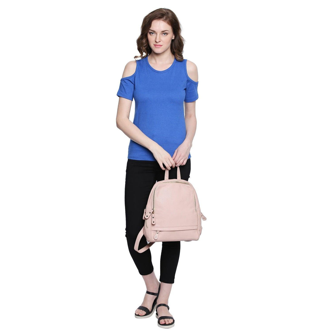 Women Solid Blue Round Neck Cold Shoulder T-shirt - Znxclothing