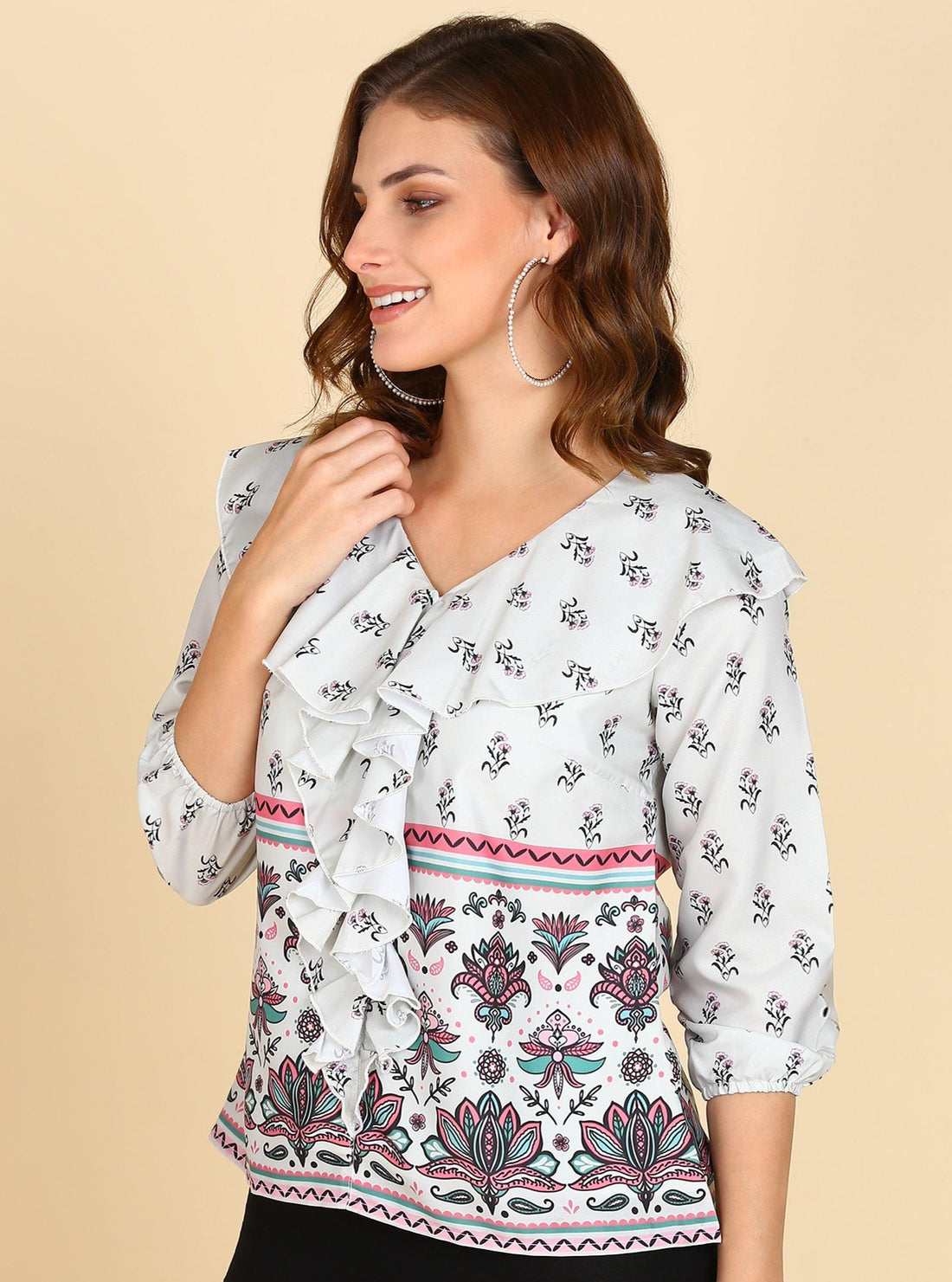 Front Frilled Floral Printed Top - Znxclothing