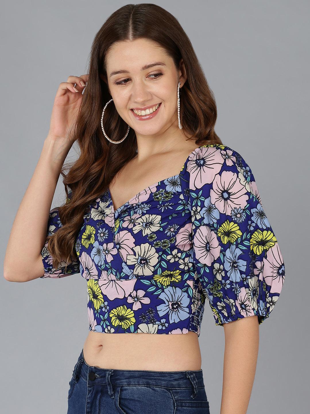 Smocked Floral Printed Blue Crop Top - Znxclothing