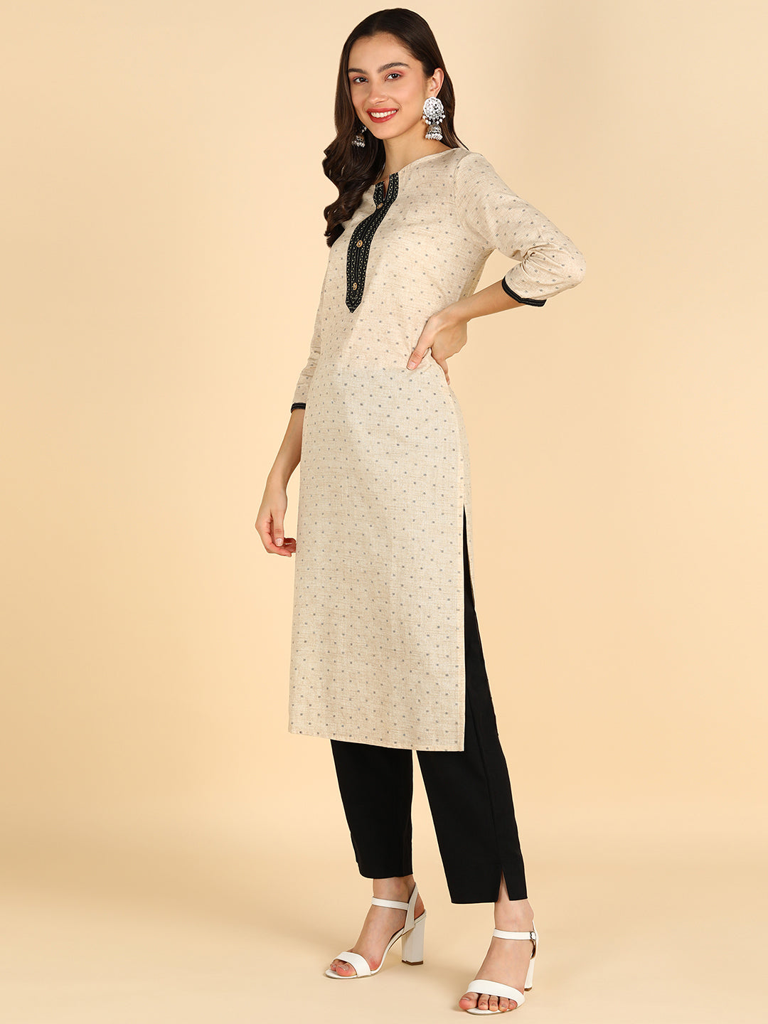Women Beige &amp; Black Printed Pure Cotton Kurta with Trousers