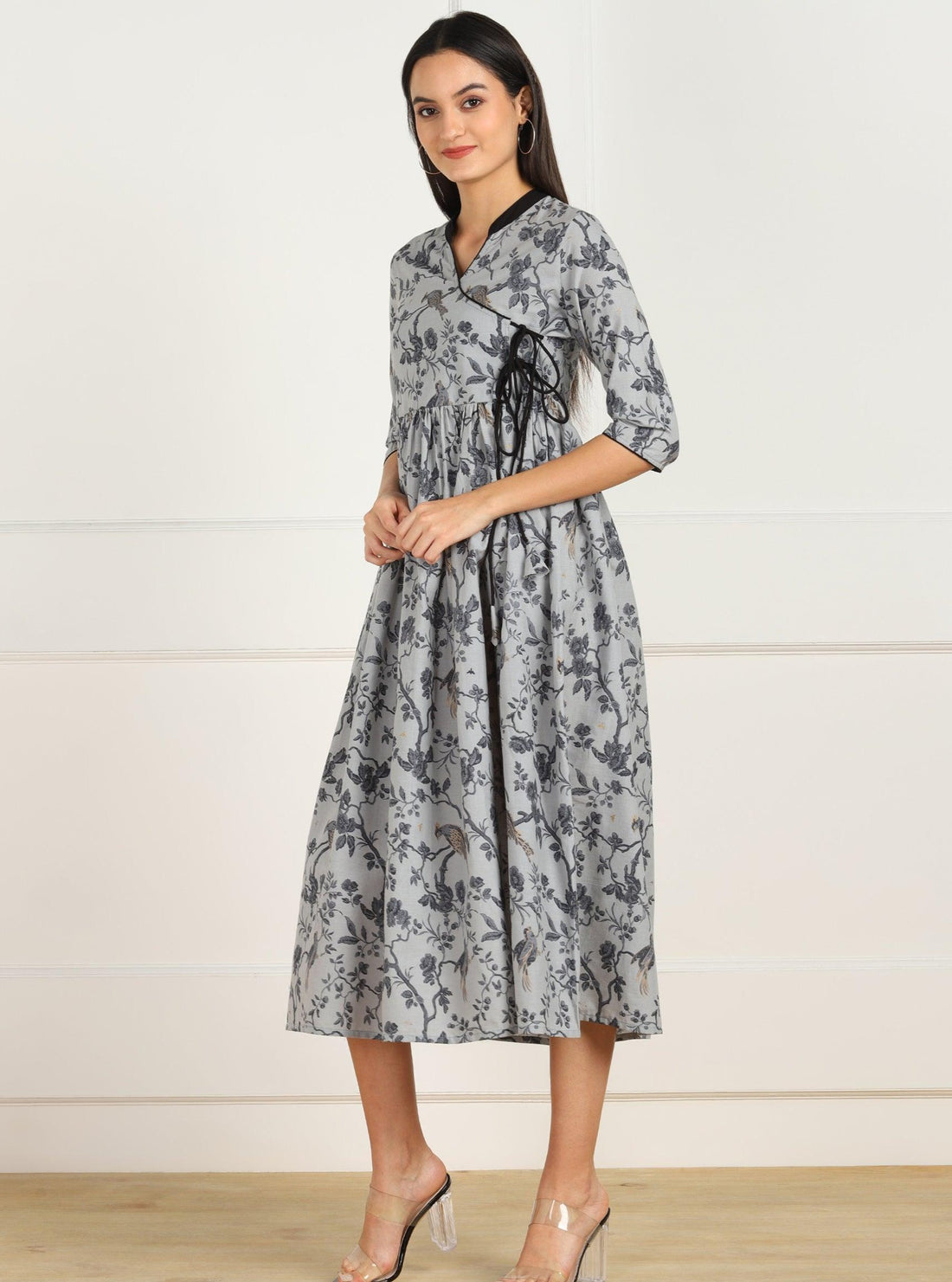 Znx Grey Black Printed Flared Dress - Znxclothing