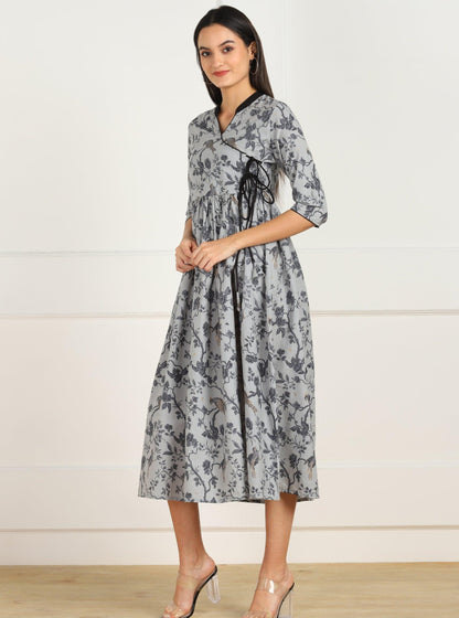 Znx Grey Black Printed Flared Dress - Znxclothing