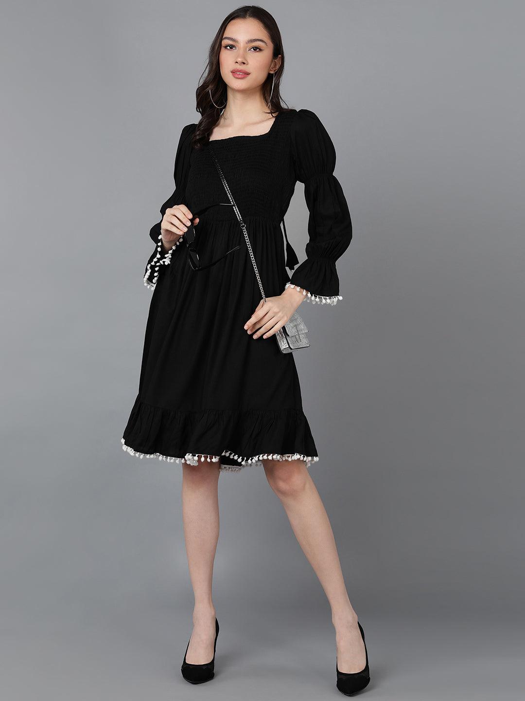 Solid Black Smocked Dress - Znxclothing