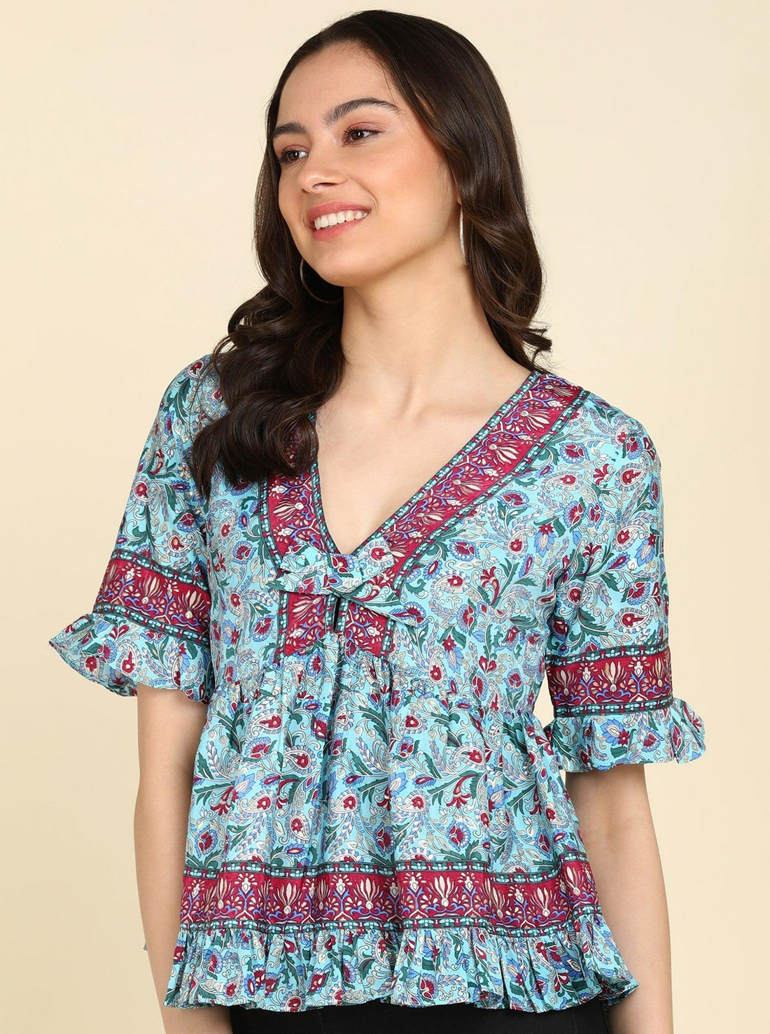 Ethnic Motifs Printed Powder Blue Top - Znxclothing