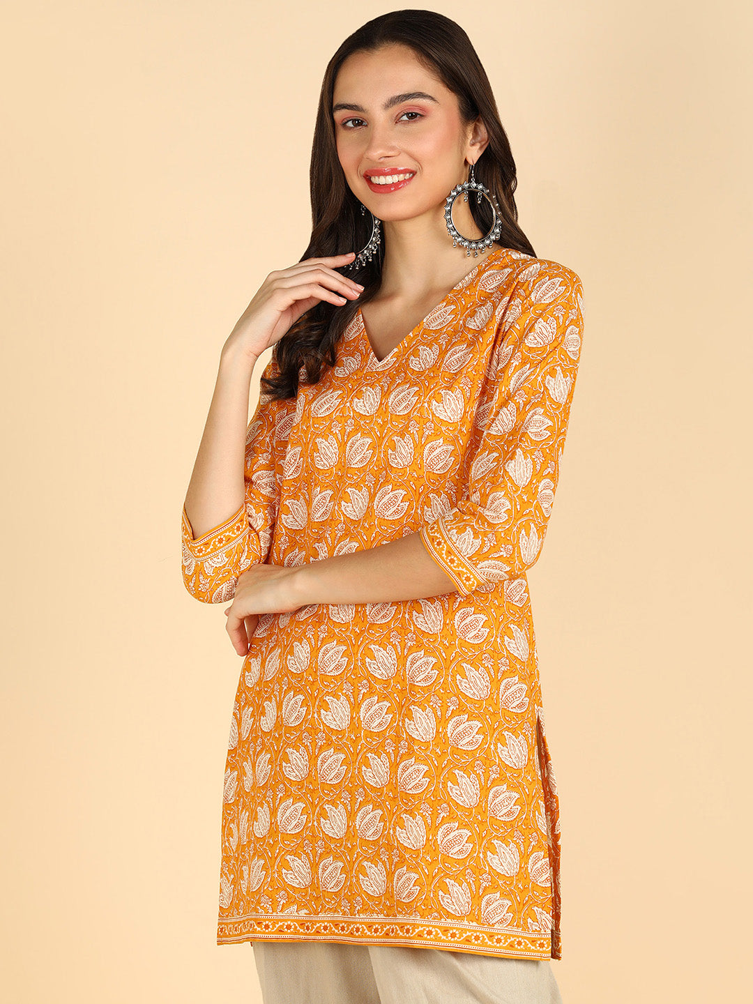 Floral Printed Yellow Straight Kurti With Border Details