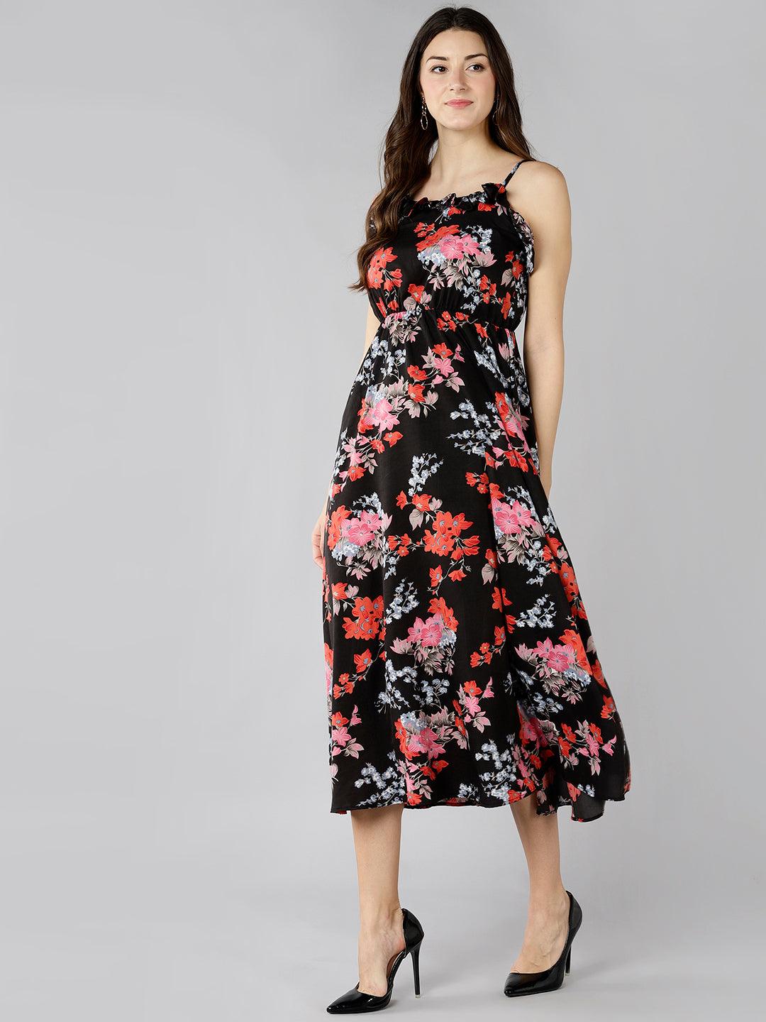 Znx Women Red Floral Printed Black Maxi Dress - Znxclothing