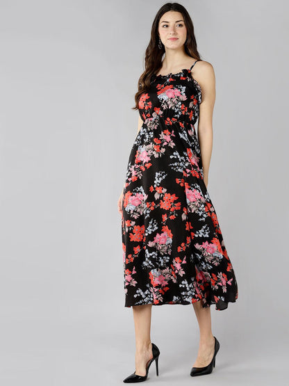 Znx Women Red Floral Printed Black Maxi Dress - Znxclothing