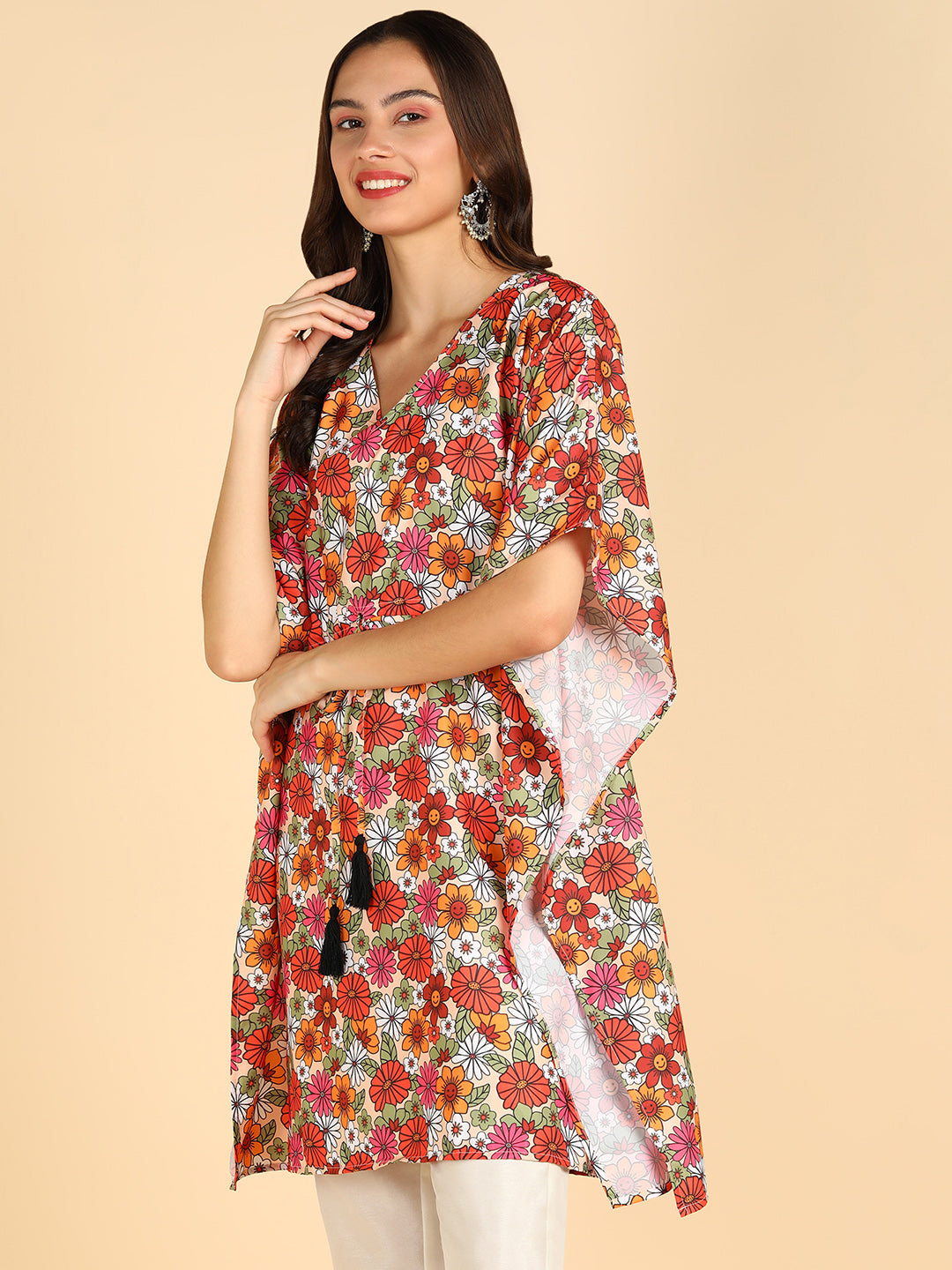 Multi Color Printed Kaftan Kurta With Tassel Details