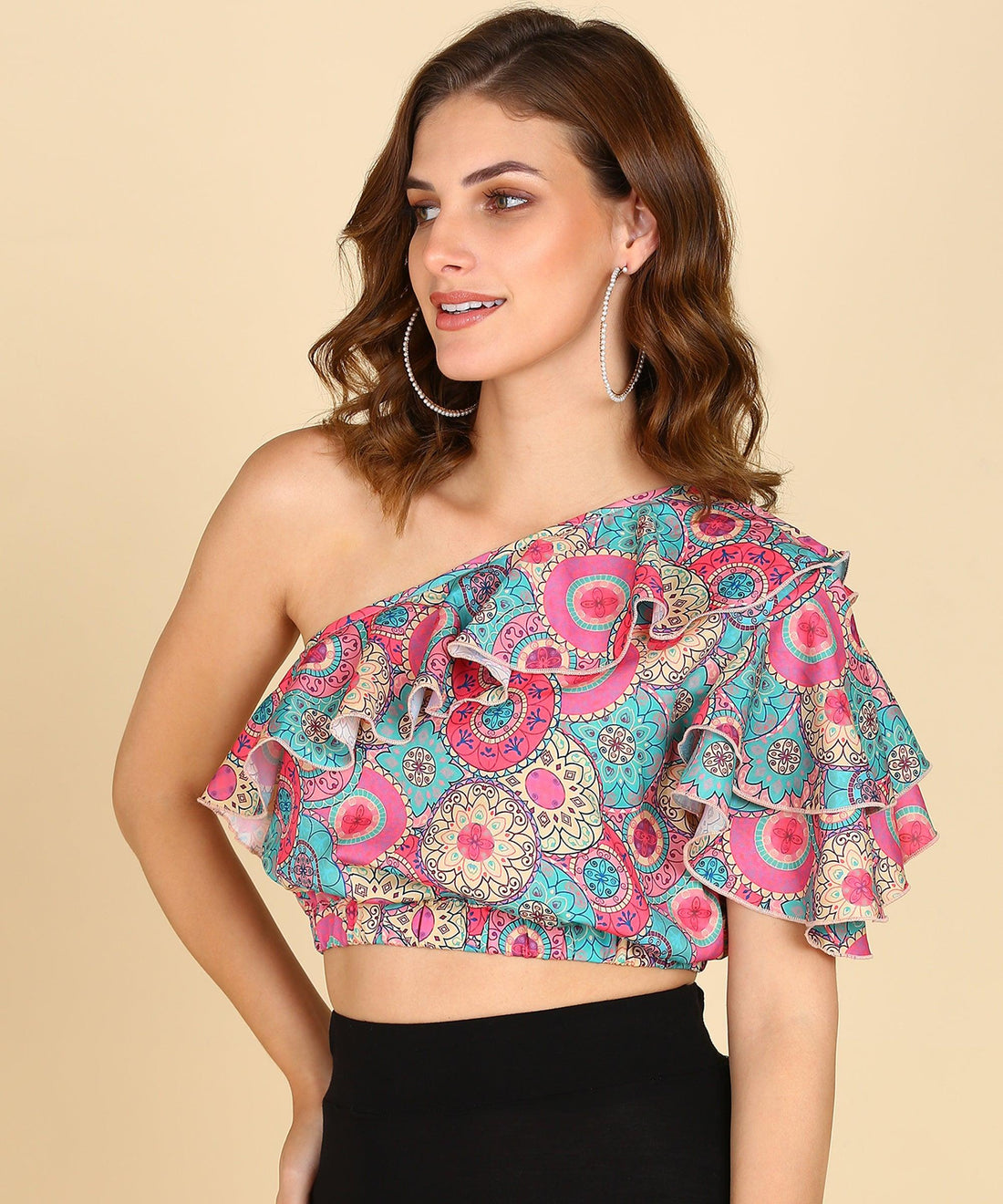 Geomatric Print Front Frilled Top With Designer Sleeve - Znxclothing