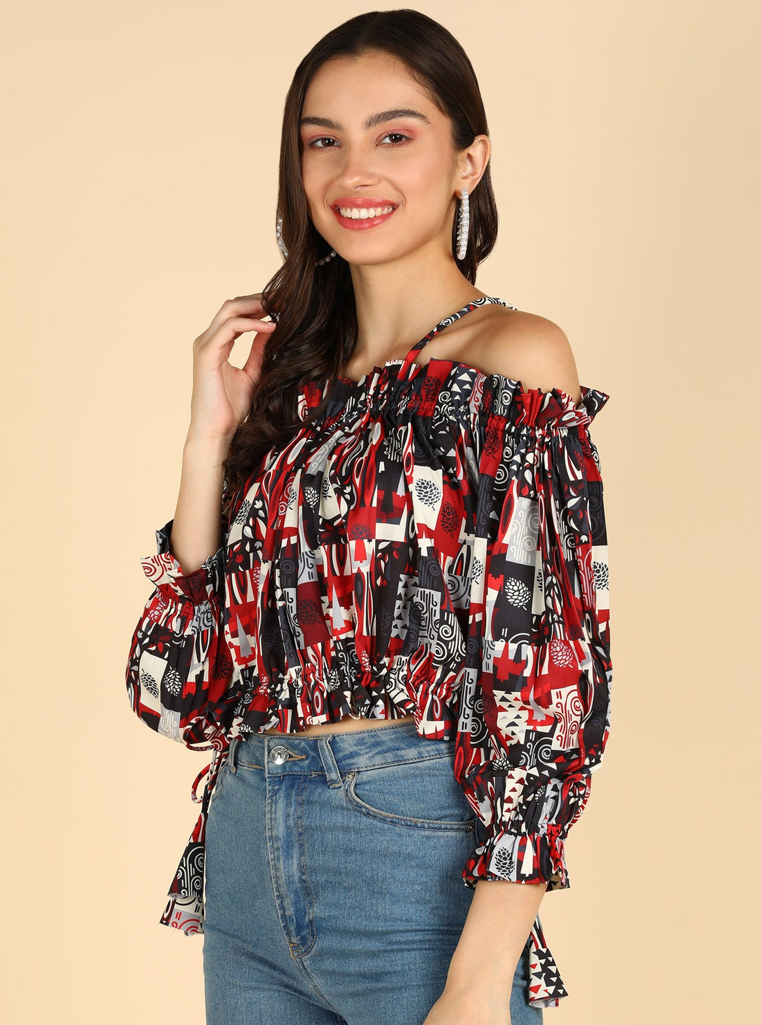 Black &amp; Red Printed Off Shoulder Top