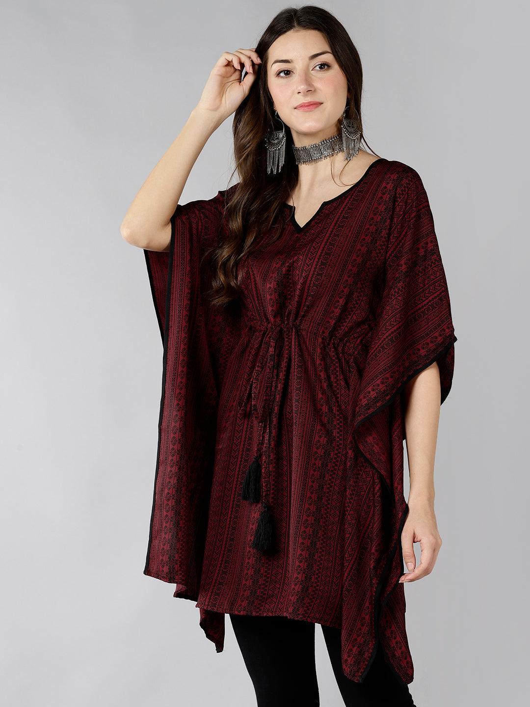 Znx Women Maroon Black Printed Kaftan Kurti - Znxclothing