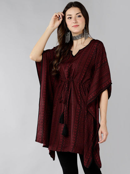 Znx Women Maroon Black Printed Kaftan Kurti - Znxclothing