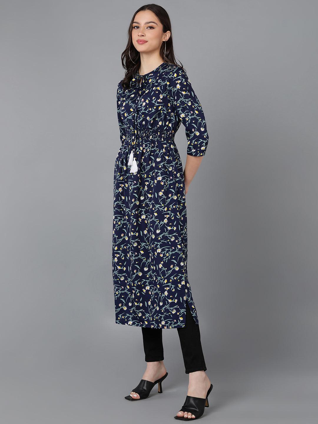 Floral Printed Blue Straight Kurti - Znxclothing