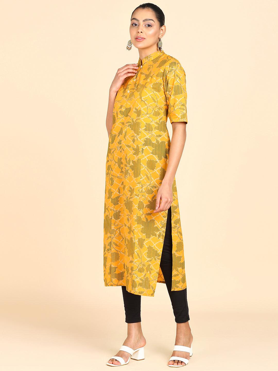 Floral Printed Princess Cut Yellow Straight Kurta - Znxclothing