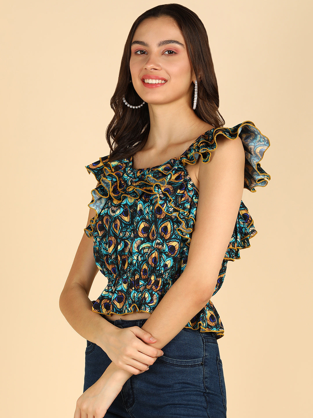 Green &amp; Black Printed Frilled Sleeveless Top