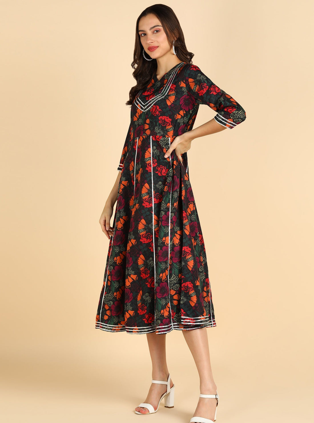 Floral Printed Black Dress With Silver Lace Details