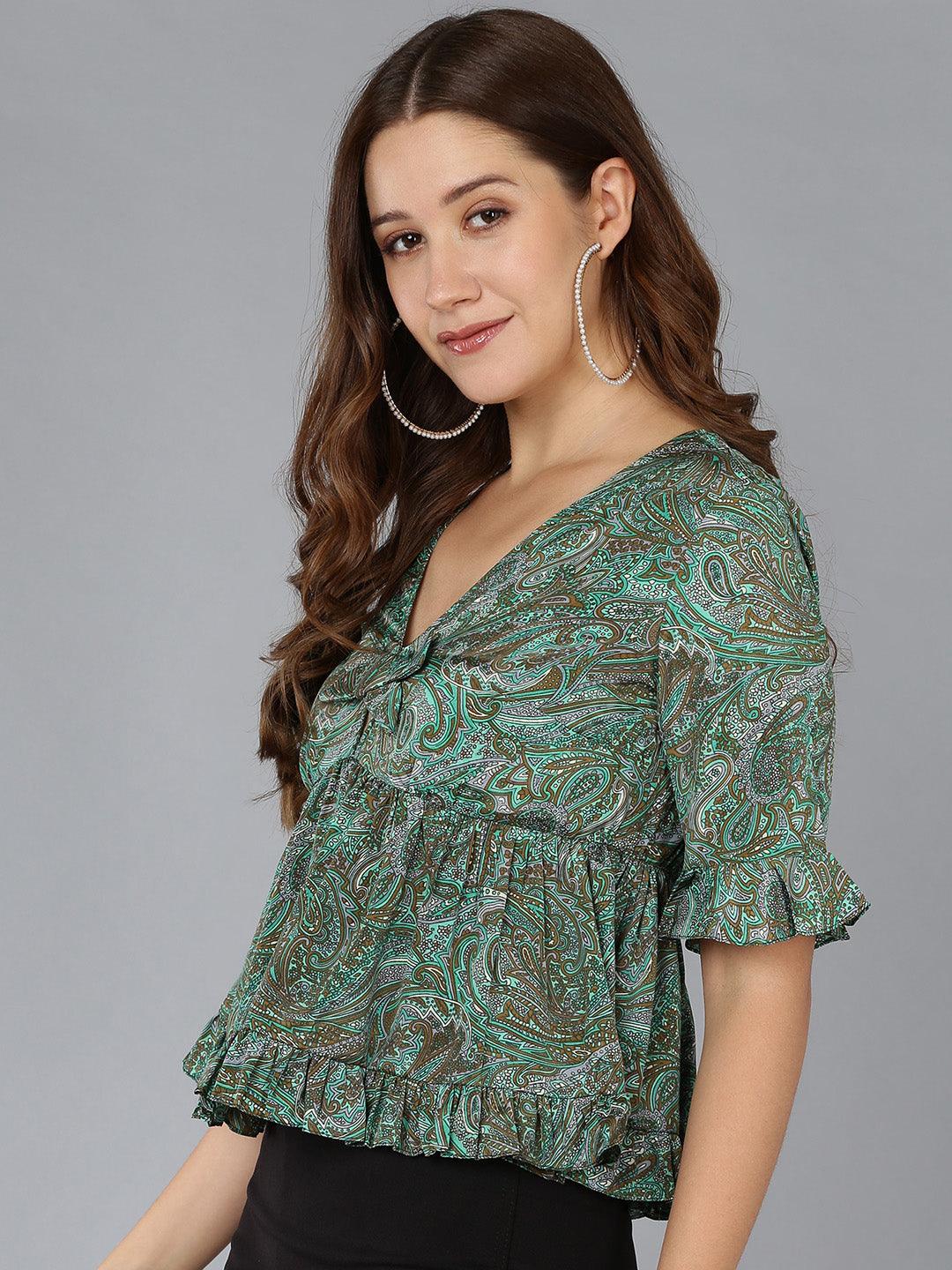 Ethnic Motifs Printed Green Top - Znxclothing