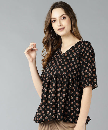 ZNX Women Brown Polka Printed Black Top - Znxclothing