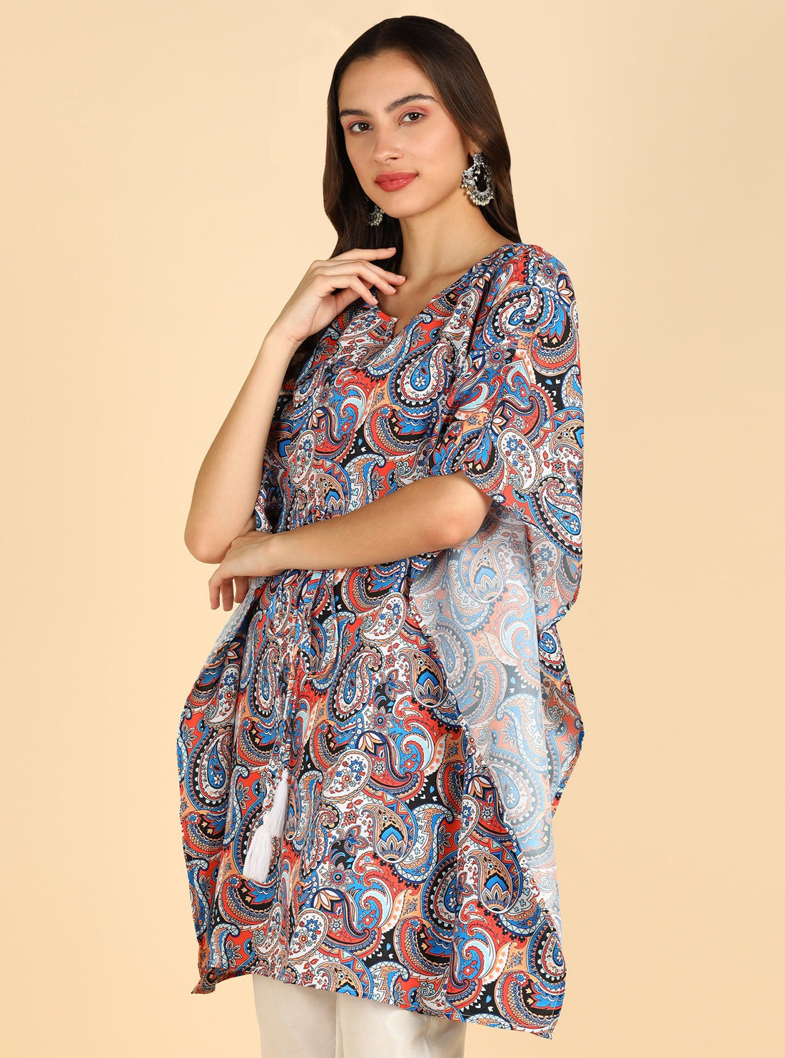 Multicolor Ethnic Motifs Printed Kaftan With Tassel Detials